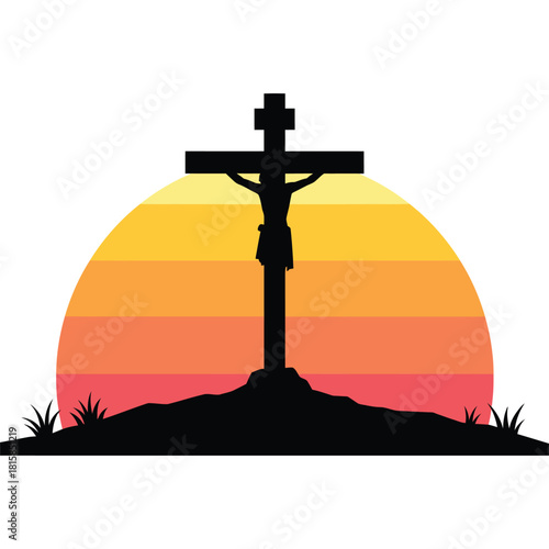 Silhouette of Jesus Christ on the cross against a sunset religion Christianity religious symbol crucifixion