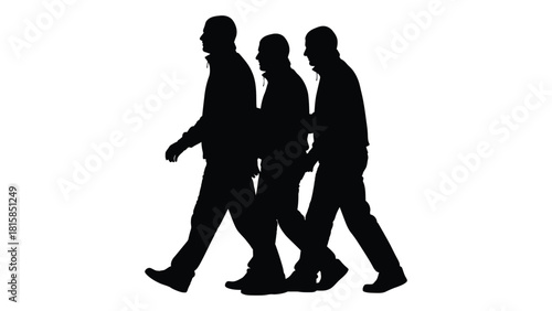 Three men walking silhouette isolated on white background, Vector