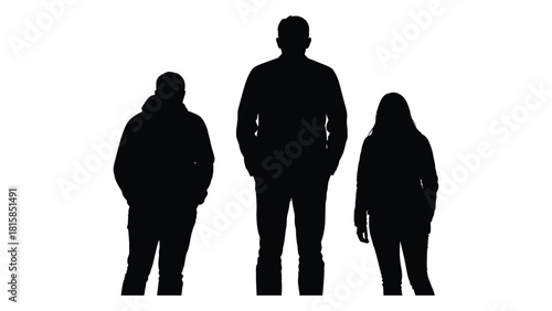 Three people silhouettes standing isolated on white background, Vector