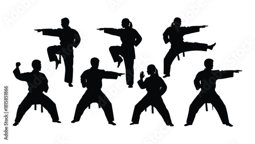 Martial arts silhouettes in dynamic poses isolated on white background, Vector