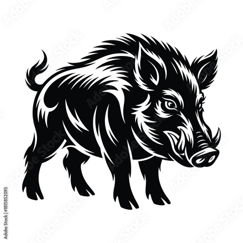 Illustration of a wild boar isolated on, showcasing its powerful build, sharp tusks, and bristly mane in a striking black and white design