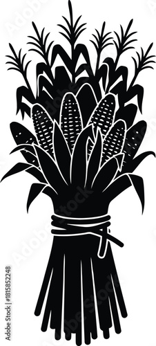 Black and white illustration of a corn stalk bundle with cobs