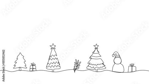 Minimalist line art christmas scene with trees, gifts, and snowman 60