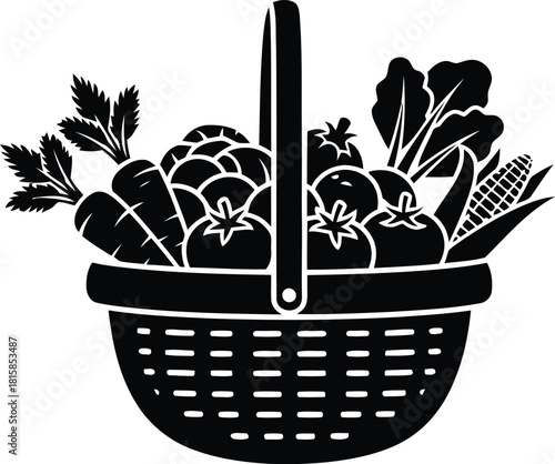 Black and white illustration of a woven basket filled with fresh vegetables
