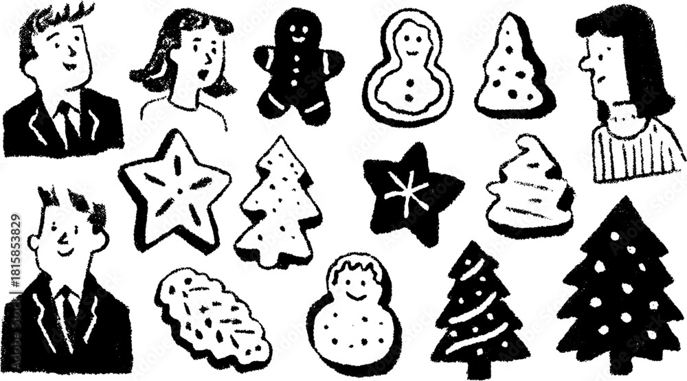 Naklejka premium Hand-drawn black and white illustration of festive cookies and characters. The set includes gingerbread men, Christmas trees, and stars in vector style.