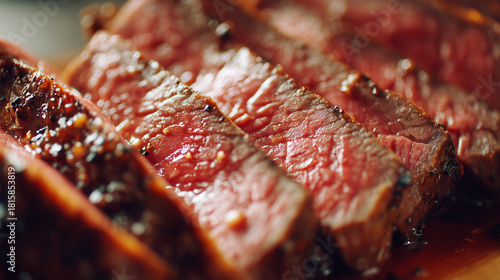 薄くスライスされジューシーな肉汁が光る焼きたてのローストビーフのクローズアップ