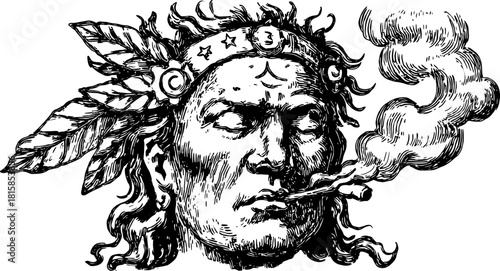 Engraving of a male head smoking. Detailed line drawing illustration featuring traditional elements in an ornate style vector.