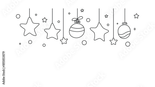 Christmas bauble and star decorations border on white background