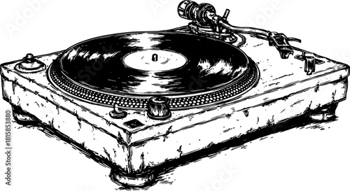 Vintage turntable illustrated in detailed line drawing style. This black and white vector illustration showcases classic audio equipment for music lovers.