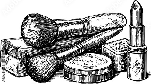 Vintage makeup set featuring brushes, lipstick, and powder containers. Detailed vector illustration capturing timeless elegance.