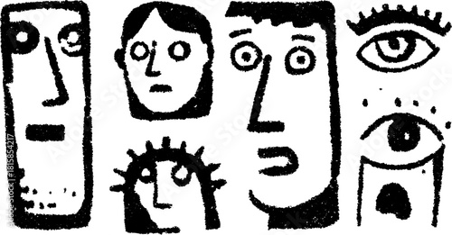 Abstract faces with various expressions in a simple black outline style. Unique vector illustration showcasing a creative set of modern art.