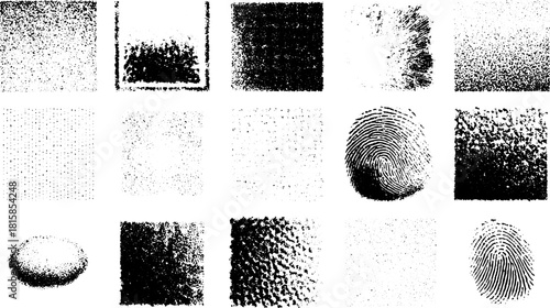 Collection of various textures. Black and white patterns showcasing grain, noise, and surface variations in a digital vector illustration.