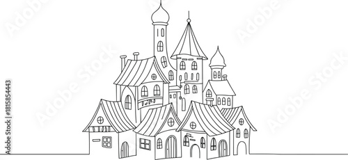 Fantasy town silhouette—stylized buildings with towers, domes, and arches for magical architecture and storybook visuals
