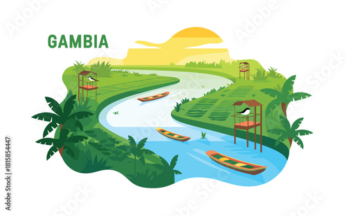 Explore the Gambia: A Lush River Landscape with Traditional Boats, Birdwatching Towers, and Vibrant Greenery, Perfect for Travel and Nature Enthusiasts