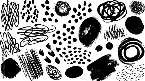 Abstract black and white vector illustration featuring various traced shapes and patterns. This design presents a creative assortment of elements in a unique set.