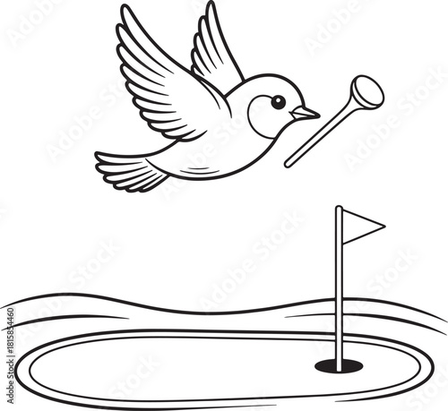 Birdie golf concept drawing bird with golf club golf course and golf flag design