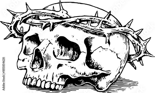 Skull art with crown of thorns in vintage style. Detailed line vector illustration for decorative elements in retro themes.