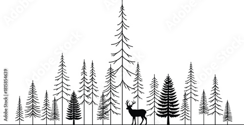 Forest silhouette with deer—conifer trees and wildlife for peaceful nature and wilderness visuals
