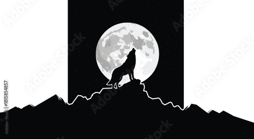 Howling wolf silhouette—mountain peak, full moon, and starry sky for dramatic wilderness and nature visuals 