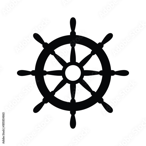 A black and white illustration of a ships wheel, isolated on, showcasing its nautical design and symbolic representation of navigation