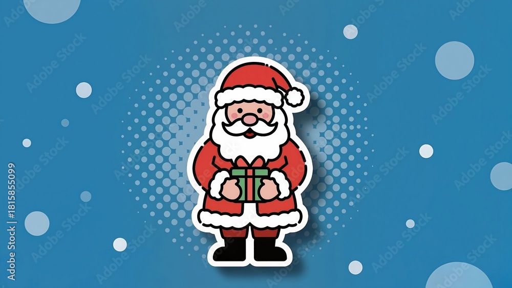 Obraz premium Cheerful Santa Claus holding a gift with blue background for festive holiday greetings and Christmas cheer