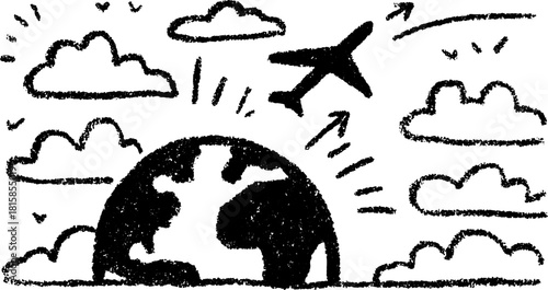 Earth with an airplane and clouds in a simple doodle style. This vector illustration signifies travel and exploration in a clear visual format.