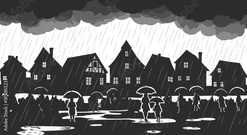 Rainy townscape silhouette—umbrellas, puddles, and steep-roof houses for dramatic weather and daily life visuals