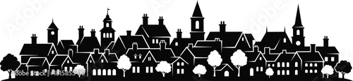 Village skyline silhouette—churches, towers, houses, and trees for traditional architecture and scenic heritage visuals