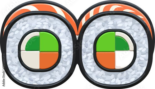 Creative sushi rolls designed to look like a pair of funny eyeglasses.