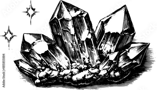 Engraved crystal design featuring a detailed outline of gemstones. This vintage black and white vector illustration showcases elegant shapes in a decorative set.