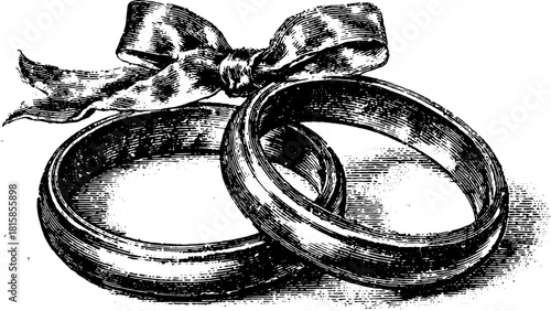 Vintage rings with a bow in line drawing style. Classic black and white vector illustration set related to love and marriage.