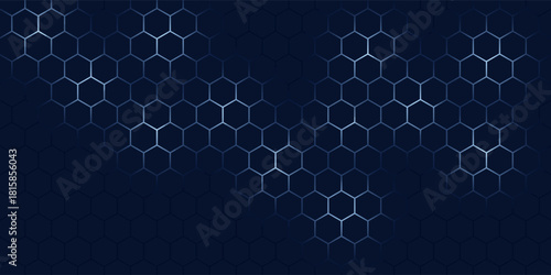Abstract hexagon pattern background - futuristic sci fi honeycomb grid, glowing blue neon lines on dark. Geometric vector graphic design for digital interfaces, HUD displays and gaming backdrops.