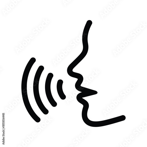 Simple black line drawing of a persons face with sound waves emanating from their mouth, isolated on
