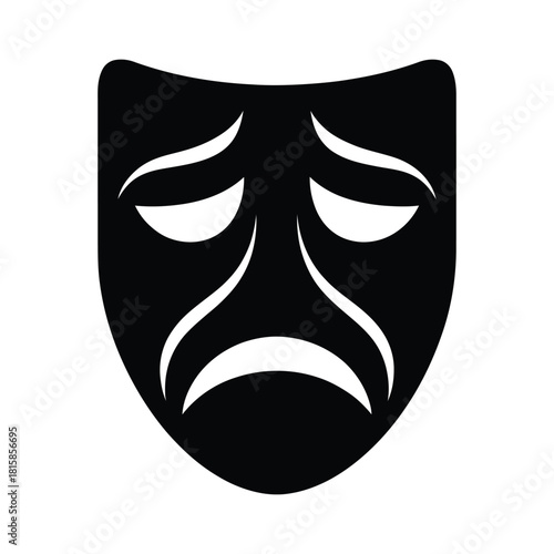 Black and white illustration of a sad theatrical mask isolated on, conveying themes of sorrow, drama, and emotional expression in performance arts