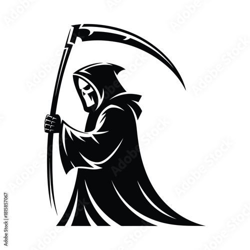 Grim reaper holding scythe isolated on black and white vector illustration of a spooky skeleton figure in a hooded cloak, perfect for halloween designs