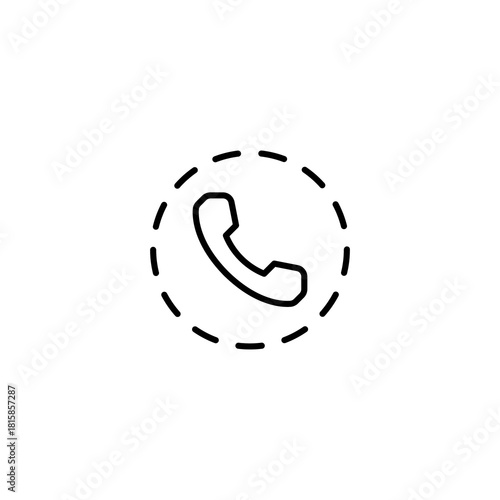 Simple line art telephone receiver icon enclosed within a stylish dashed circle