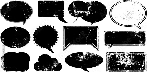 Speech bubbles in various shapes. Black and white grunge texture with empty space for communication elements in a vector illustration set.