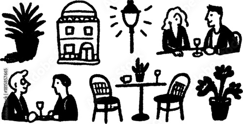 Couple meeting at a cafe table with drinks. Simple black vector illustration featuring plants and chairs in an outdoor set.