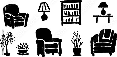 Vector illustration of a simple living room set featuring a chair, table, lamp, and bookshelf with plants. Modern design in flat art style.