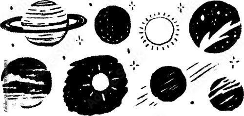 Stylized planets and suns in black and white. Simple vector illustration set depicting elements of space and cosmos in a modern design.