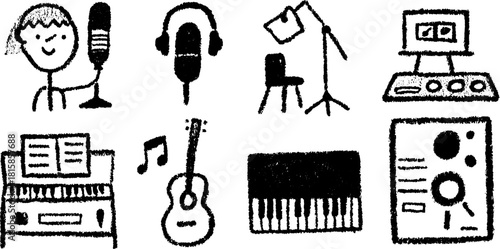 Music instruments in a doodle style including microphone, headphones, piano, and guitar. Simple vector illustration of a set featuring studio equipment.