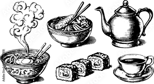 Food illustration featuring assorted dishes in a classic ink style. This vector set captures traditional cuisine beautifully.
