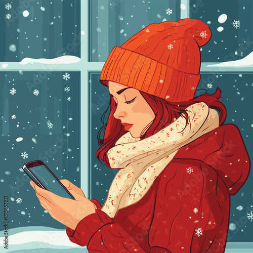 Frustrated woman checks bad phone signal by the Christmas window Winter communication failure , vector style simple color