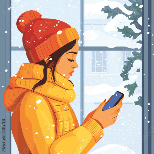 Frustrated woman checks bad phone signal by the Christmas window Winter communication failure , vector style simple color