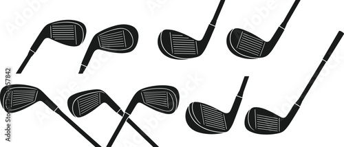 Collection of black silhouette vectors depicting various golf club heads and irons, showcasing different angles and designs of sporting equipment for golf game and leisure activities.