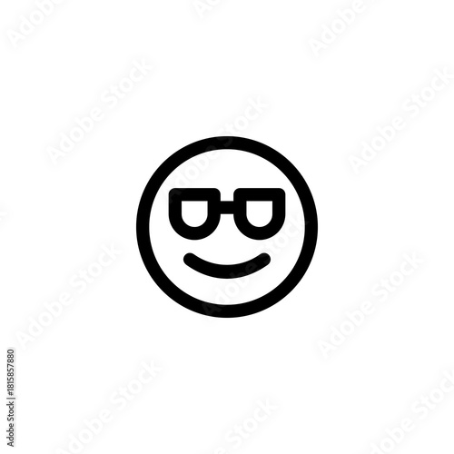 Simple line art icon of a cool emoji with glasses. A minimalist vector graphic symbol representing a happy, smart, or stylish expression isolated on a white background