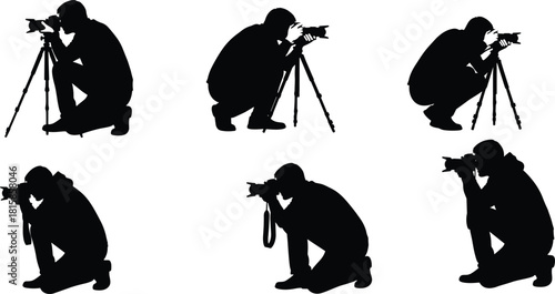 Crouching photographer silhouettes taking photo with digital DSLR camera on tripod or handheld, vector illustration concept