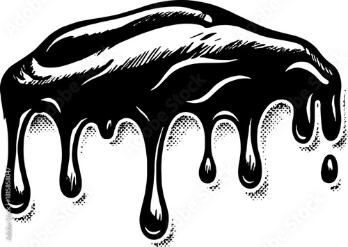 Black paint drip in vintage line art style. A detailed vector illustration showcasing smooth texture and flowing design.