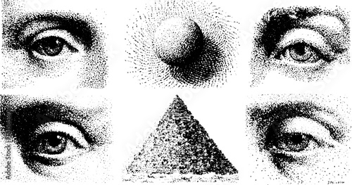 Artistic vector illustration featuring eyes, a pyramid, and a sphere in black and white. This set showcases geometric designs and texture in a monochrome style.