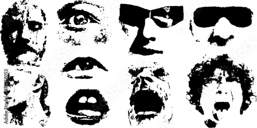 Antique engraving showcasing various expressions. Black and white silhouette vector illustration emphasizes intricate details in a retro style set.